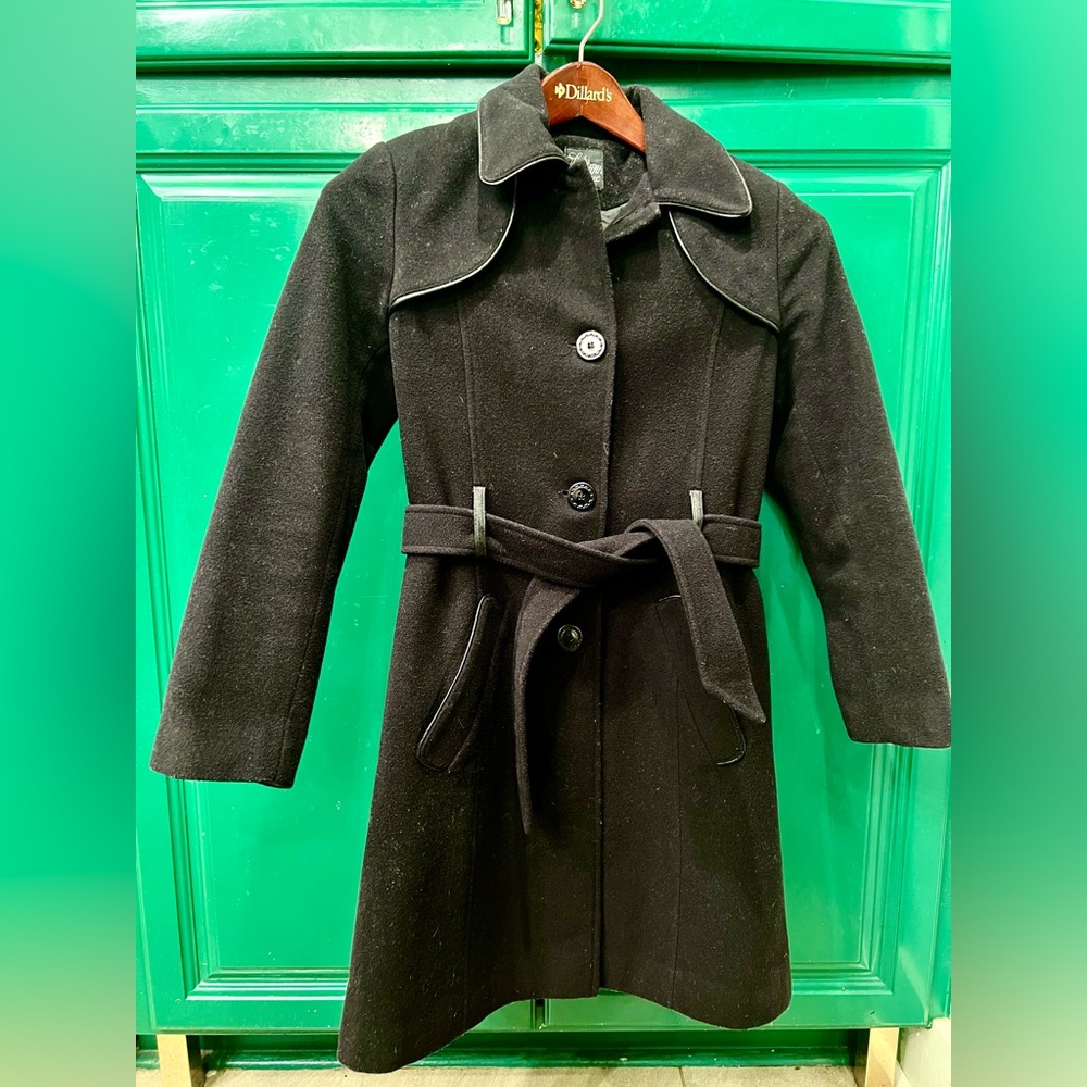 Saks Fifth Avenue Belted Wool Coat Black Edge Detailing